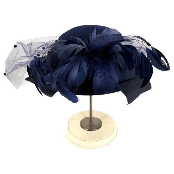 Vintage Womans Michael Howard Georgi Hat Wool Wide Brim Feather Veil Blue Church main image 10